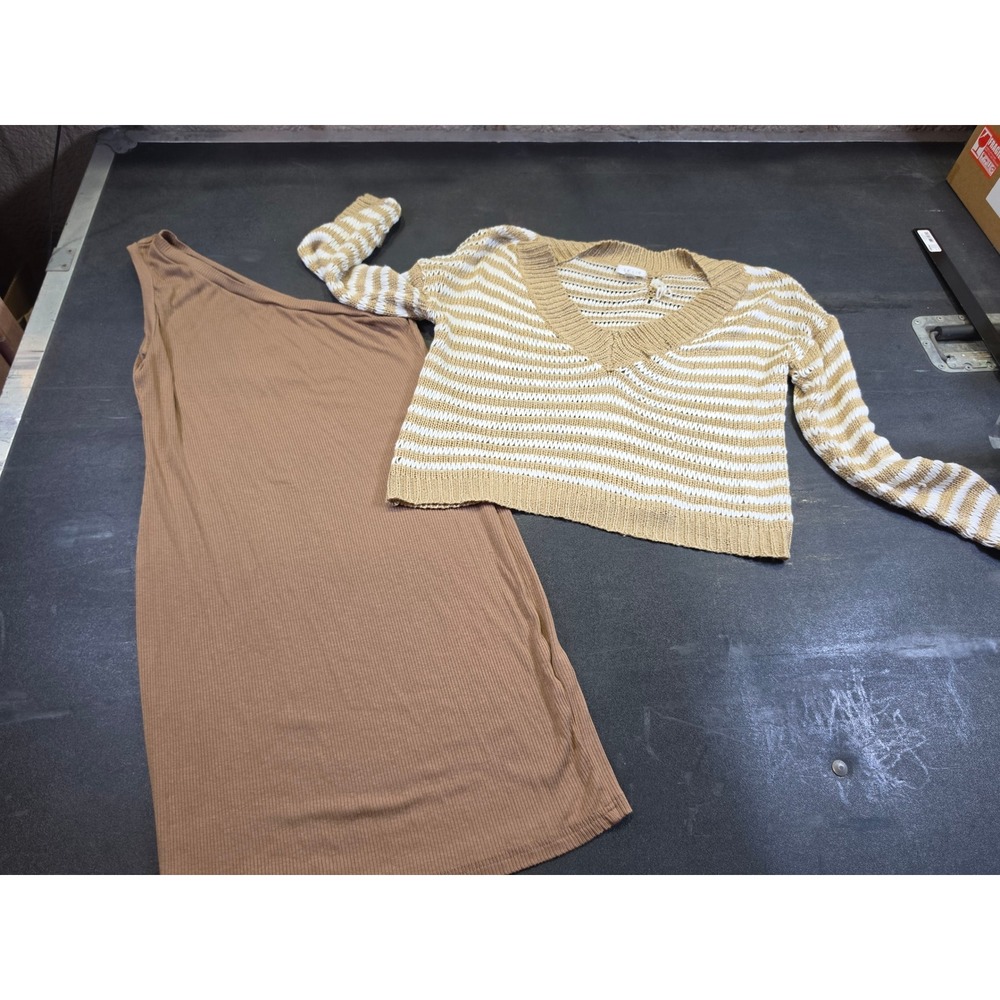 SHEIN Curve Tan Ribbed One Shoulder Dress  Striped Knit Distressed Sweater 1XL